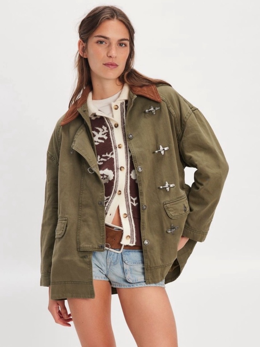 Sz L Free People We The Free Denim Barn Coat Deep Green Women’s Small Oversized